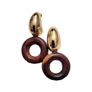 Wooded hoop earring with gold tone dome. (New)